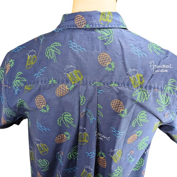 Party Pants NWT Med Short Sleeve Button Neon Sign Tropical Hawaiian Blue Shirt - Picture 6 of 10